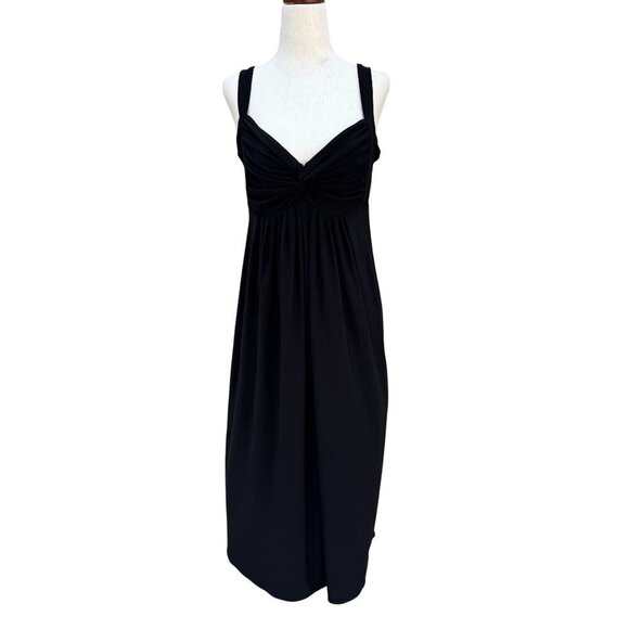 Womens Black Sleeveless V Neck Ruched Bust Goddess Flowy Fit Flare Midi Dress - Picture 1 of 7
